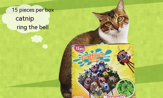 Fifteen colorful plush mouse cat toys with unique patterns and designs, some with bells, displayed in a white tray. - Image 6