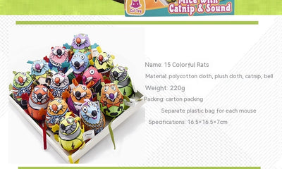 Fifteen colorful plush mouse cat toys with unique patterns and designs, some with bells, displayed in a white tray. - Image 7