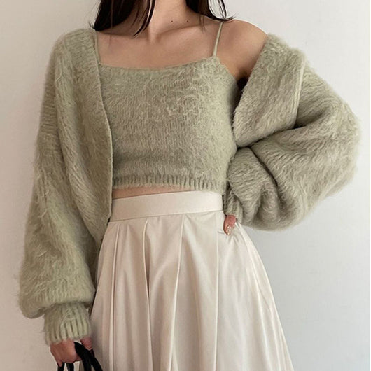 Conjunto de Dos Piezas: Cardigan Corto Tejido con Tirantes Versátil para Otoño e Invierno - Image 14