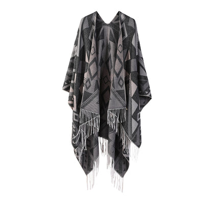 Poncho Chal Geométrico de Cachemira Gruesa con Borlas Versátil - Image 35