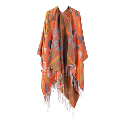 Poncho Chal Geométrico de Cachemira Gruesa con Borlas Versátil - Image 37