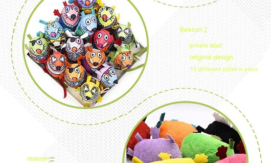 Fifteen colorful plush mouse cat toys with unique patterns and designs, some with bells, displayed in a white tray. - Image 21