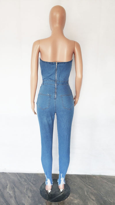 Mono Enterizo Denim Slim Fit con Escote Tubo - Image 11