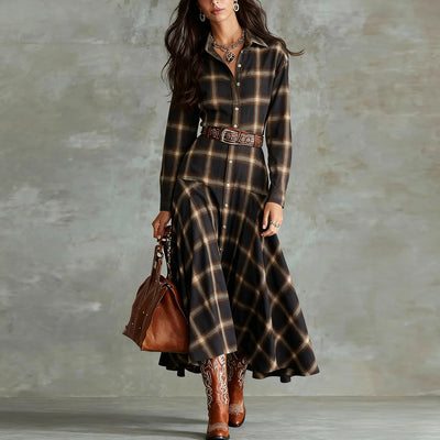 Vestido Camisa Cuadros Retro Chic Manga Larga para Mujer - Image 14