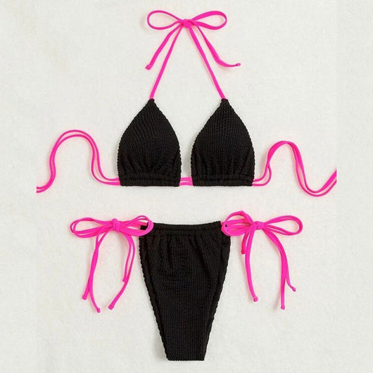 Black textured two-piece bikini with hot pink lace-up ties. Features a halter triangle top and high-cut bottoms. - Image 10