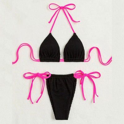 Black textured two-piece bikini with hot pink lace-up ties. Features a halter triangle top and high-cut bottoms. - Image 17