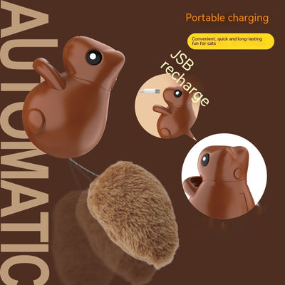 Smart cat teaser toy shaped like a brown squirrel with a plush tail, featuring USB charging and automatic movement, shown on its product box. - Image 7