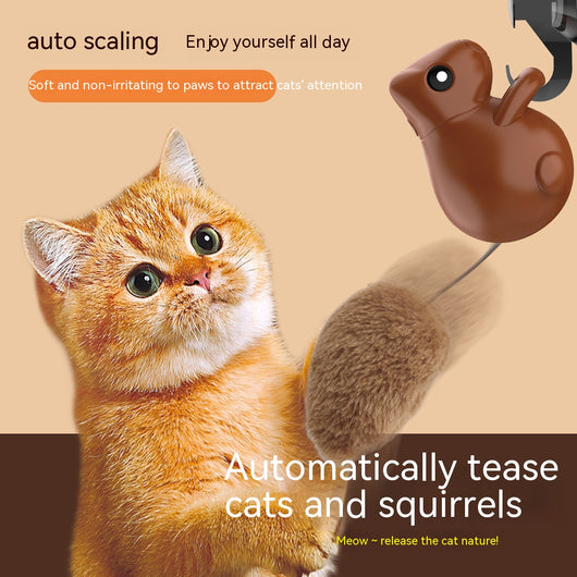 Smart cat teaser toy shaped like a brown squirrel with a plush tail, featuring USB charging and automatic movement, shown on its product box. - Image 8