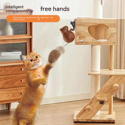 Smart cat teaser toy shaped like a brown squirrel with a plush tail, featuring USB charging and automatic movement, shown on its product box. - Image 9