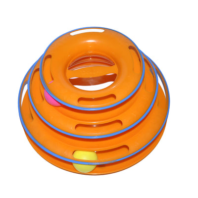 Orange three-layer cat play plate with blue trim, featuring a pink, green, and yellow ball on each level. - Image 5