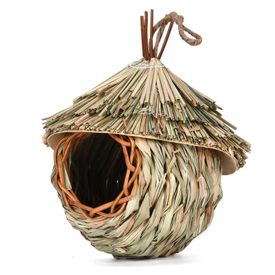 Handmade hanging bird nest crafted from natural grass and wicker, featuring a thatched roof and a round entrance. - Image 8