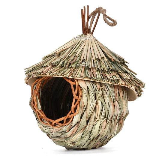 Handmade hanging bird nest crafted from natural grass and wicker, featuring a thatched roof and a round entrance. - Image 8