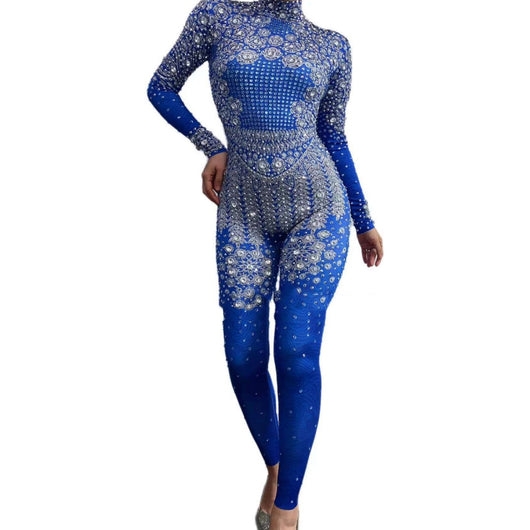 Jumpsuit Largo Azul con Estampado de Diamantes para Mujer - Image 10