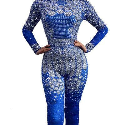 Jumpsuit Largo Azul con Estampado de Diamantes para Mujer - Image 17
