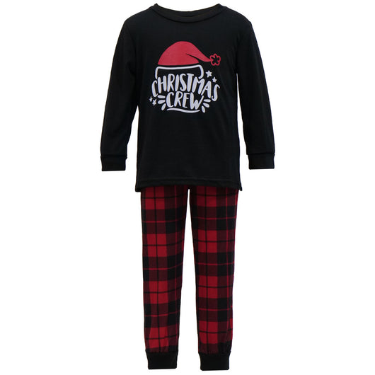 Family of four wearing matching red and black plaid Christmas pajamas with "Christmas CREW" graphic, children in Santa hats. - Image 11