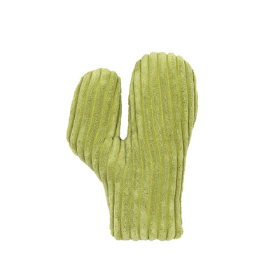 Green corduroy cactus cat toy, durable and fun for feline interaction and mood improvement.