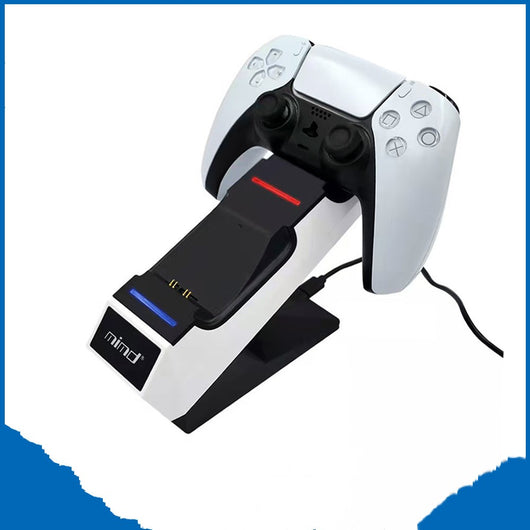 White and black dual charging station for PS5 game controllers with blue LED indicators and 'mind' logo. - Image 7