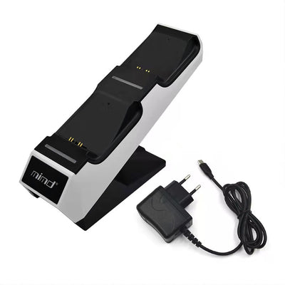White and black dual charging station for PS5 game controllers with blue LED indicators and 'mind' logo. - Image 10
