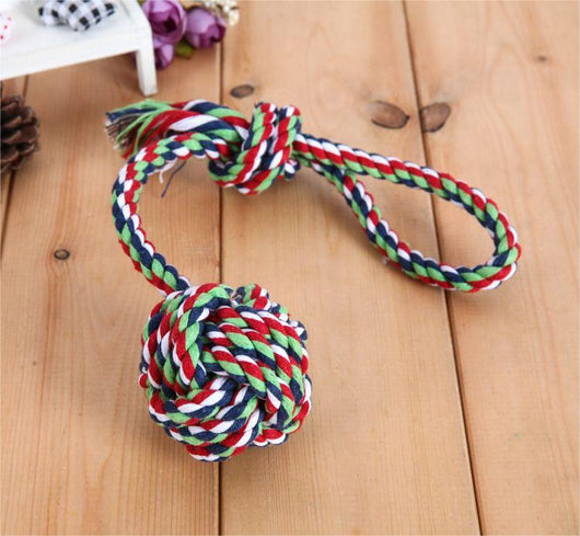 Blue, white, and light blue braided cotton rope dog toy with a knotted ball and loop handle. - Image 9