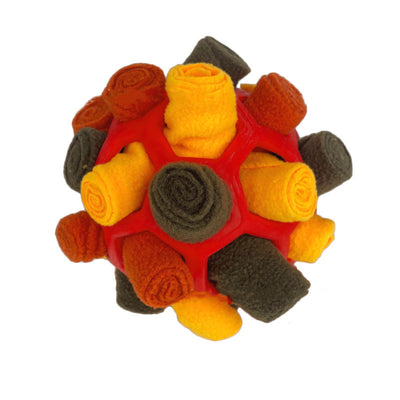 Red rubber pet sniff ball with pink, purple, and dark purple fleece rolls, featuring a treat-holding strap. - Image 27