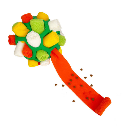 Red rubber pet sniff ball with pink, purple, and dark purple fleece rolls, featuring a treat-holding strap. - Image 30