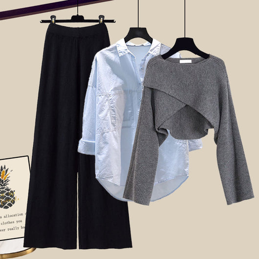 Conjunto de Tres Piezas Otoño-Invierno: Suéter Tejido, Camisa y Pantalón Ancho para Mujer - Image 8
