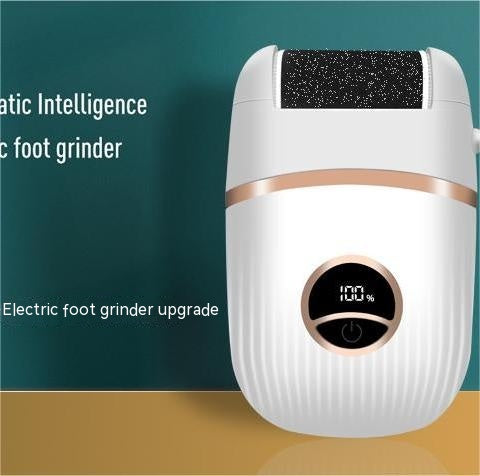 Black electric foot grinder with digital display, three replacement roller heads, USB-C charging cable, and cleaning brush. - Image 8