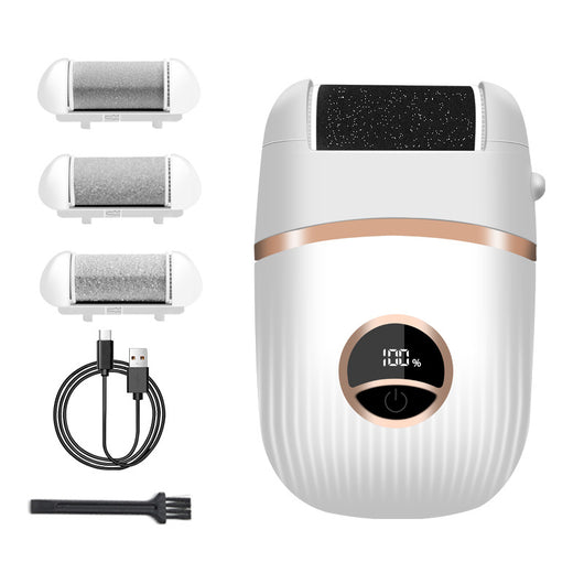 Black electric foot grinder with digital display, three replacement roller heads, USB-C charging cable, and cleaning brush. - Image 12