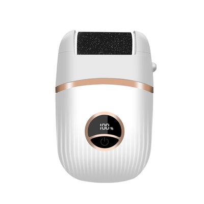 Black electric foot grinder with digital display, three replacement roller heads, USB-C charging cable, and cleaning brush. - Image 13