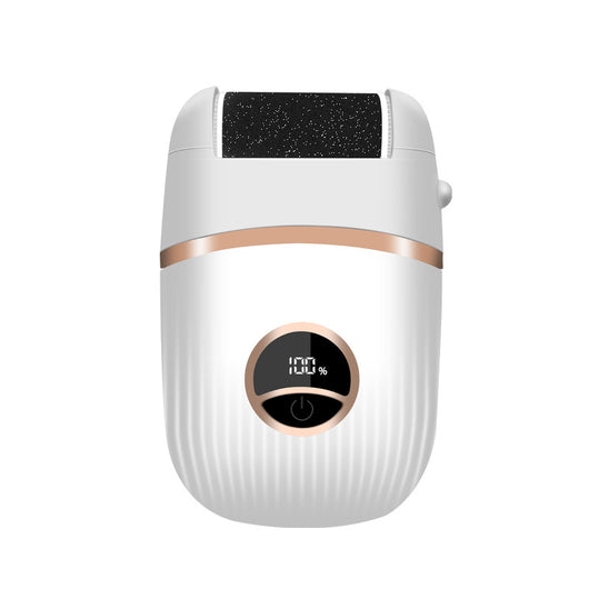Black electric foot grinder with digital display, three replacement roller heads, USB-C charging cable, and cleaning brush. - Image 13