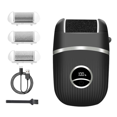 Black electric foot grinder with digital display, three replacement roller heads, USB-C charging cable, and cleaning brush. - Image 14