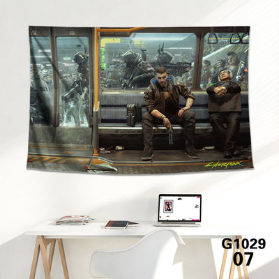 Cyberpunk 2077 tapestry featuring V and Jackie Welles with a neon-lit futuristic city skyline background.