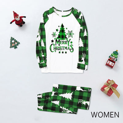 Matching family Christmas pajamas in green and white plaid with deer and Christmas tree graphics. - Image 15