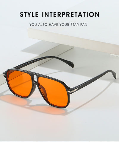 Black frame retro double beam sunglasses with bright orange lenses, featuring silver accents on the temples. - Image 17
