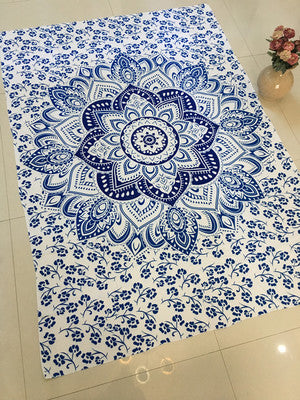 Large blue mandala hanging cloth with a detailed circular pattern and floral borders, made of chemical fiber. - Image 11