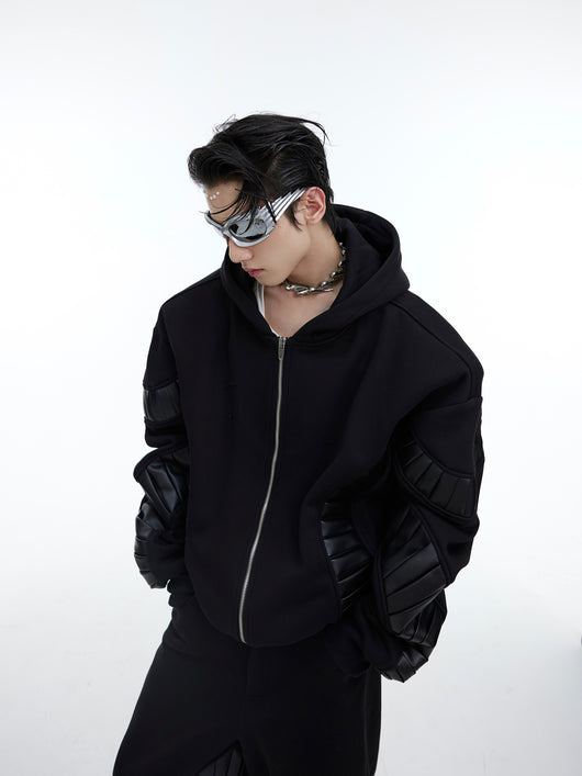 Sudadera Hoodie Patchwork de Cuero para Hombre - Image 12