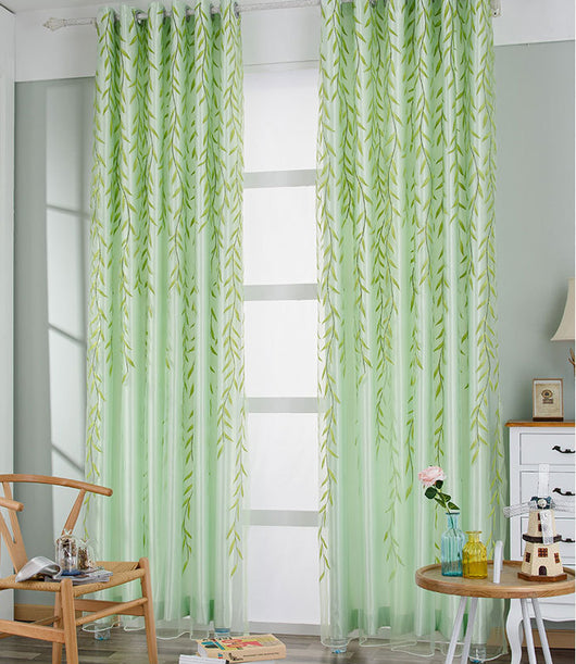 Light green sheer curtains with a delicate willow leaf print, hung on a window rod in a bright room. - Image 3