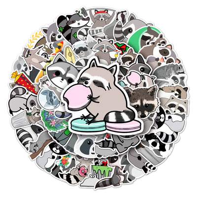 50 unique cute raccoon stickers in various cartoon styles, including raccoons with party hats, wreaths, and holding items. - Image 10