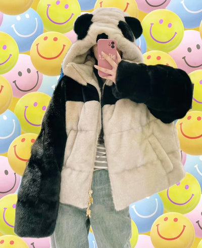 Chaqueta Acolchada Vintage Panda Suelta con Capucha para Mujer - Image 15