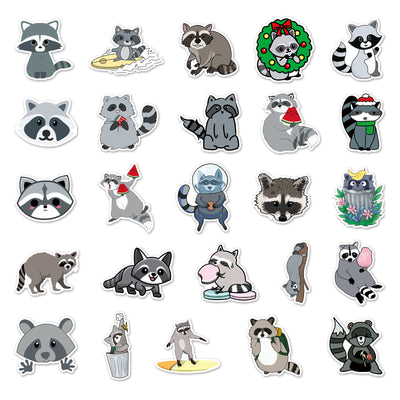50 unique cute raccoon stickers in various cartoon styles, including raccoons with party hats, wreaths, and holding items. - Image 17