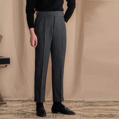 Pantalón Tweed Clásico Británico Cintura Alta Corte Recto Patrón Espiga - Image 6