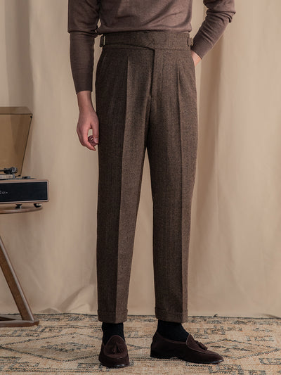 Pantalón Tweed Clásico Británico Cintura Alta Corte Recto Patrón Espiga - Image 7