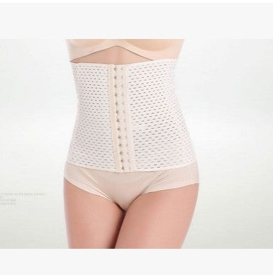 Beige steel-boned waist trainer corset with a hook-and-eye front closure and perforated, breathable fabric. - Image 3