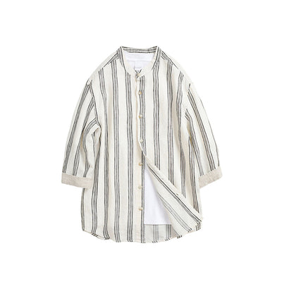 Camisa de Lino Suelta a Rayas con Cuello Tipo Stand - Manga 3/4 Casual Retro - Image 9
