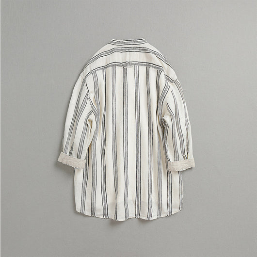 Camisa de Lino Suelta a Rayas con Cuello Tipo Stand - Manga 3/4 Casual Retro - Image 10