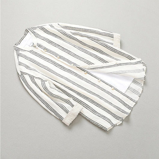 Camisa de Lino Suelta a Rayas con Cuello Tipo Stand - Manga 3/4 Casual Retro - Image 11