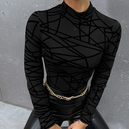 Blusa Slim Elegante de Cuello Alto con Malla y Efecto Flocking - Image 7