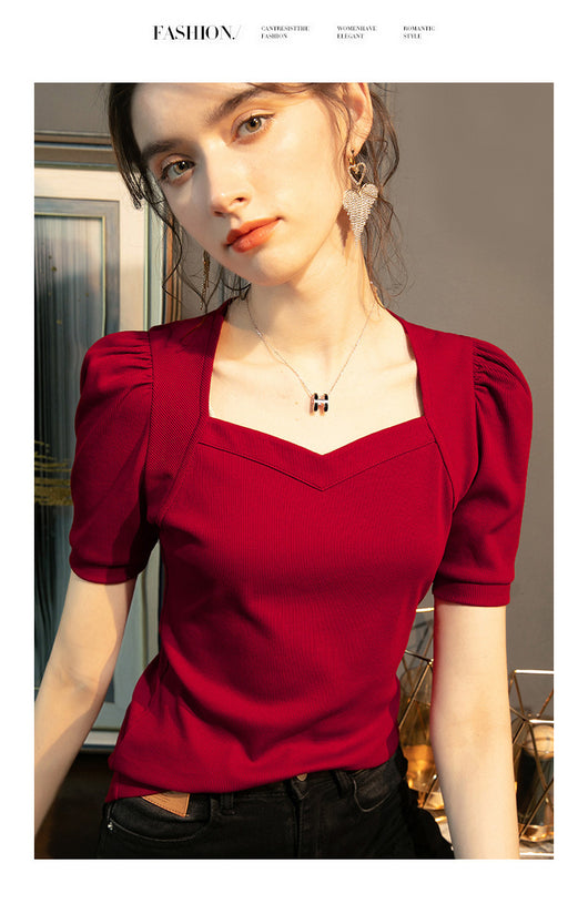 Blusa Manga Abullonada Cuello Diamante Mujer - Colores Sólidos - Image 7