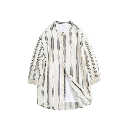 Camisa de Lino Suelta a Rayas con Cuello Tipo Stand - Manga 3/4 Casual Retro - Image 15