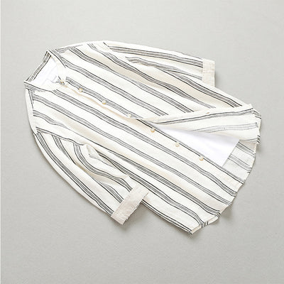 Camisa de Lino Suelta a Rayas con Cuello Tipo Stand - Manga 3/4 Casual Retro - Image 17